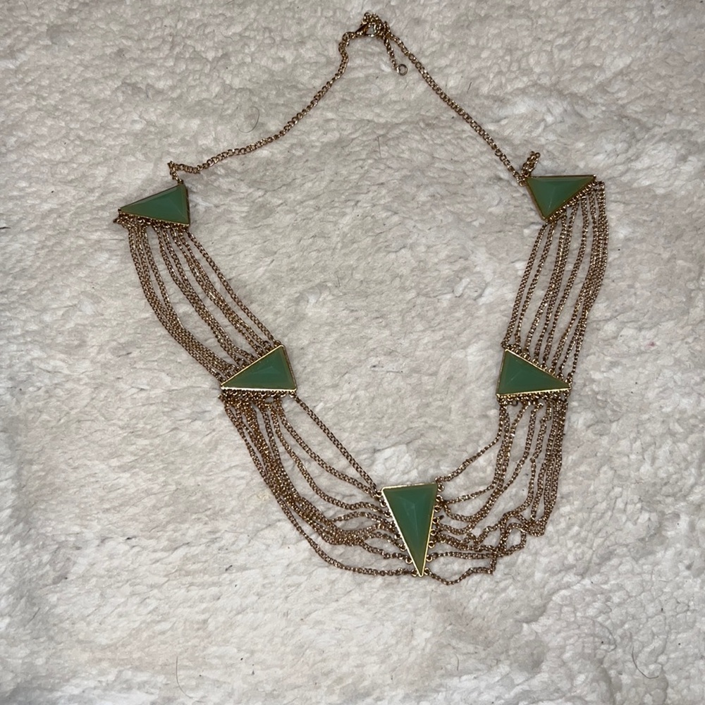 Gold necklace with sage green triangle emblems